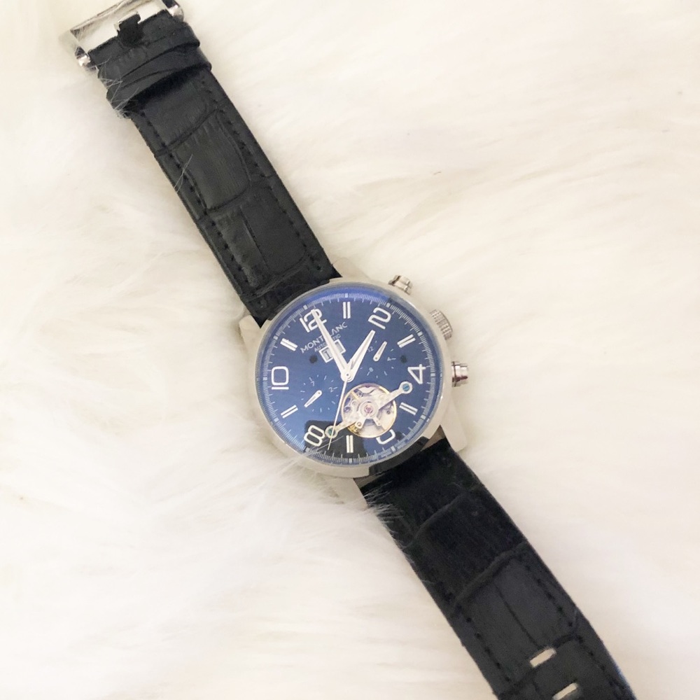 Men’s watch, faux leather and silver